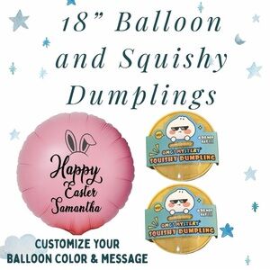 Two Dumpling Squishies & One 18" Personalized Happy Easter Balloon With Name